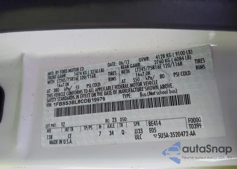 2012 Ford E-350 Super Duty Xl z USA, uszkodzony, nr VIN 1FBSS3BL8CDB19976